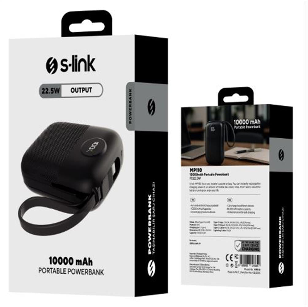 S-link MP110 10000mAh PD22.5W Type-C+Lightning Kablolu Siyah Pil Şarj Cihazı Powerbank