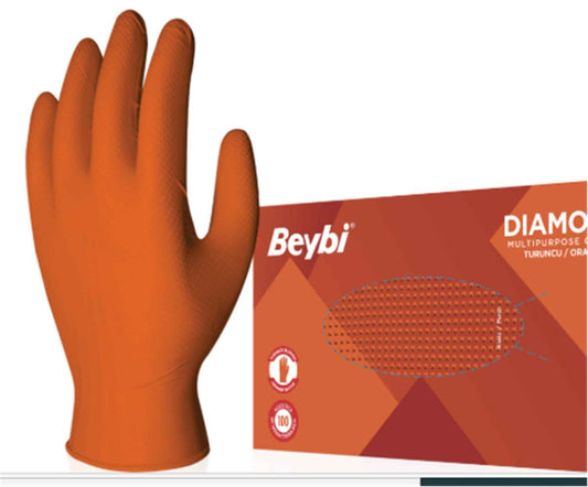 Beybi Diamond Pudrasız L Beden Kalın Turuncu Nitril Eldiven Large 100 Adet